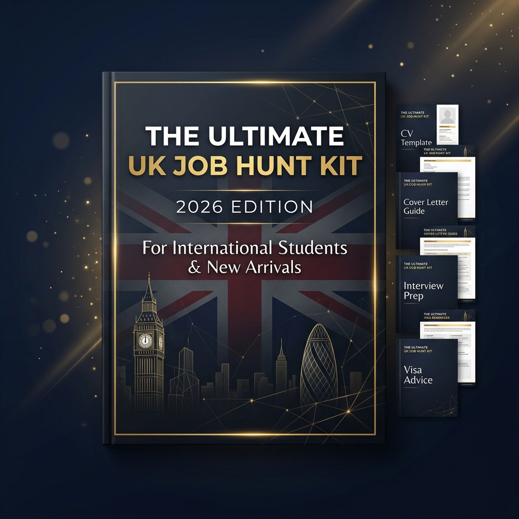 The Ultimate UK Job Hunt Kit 2026 digital product bundle showing guide, CV templates, and bonus materials